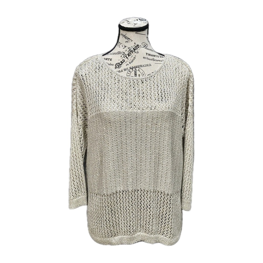 Alice + Olivia Open Knit Scoop Neck Sweater Womens S Beige Crochet Mesh Coastal
